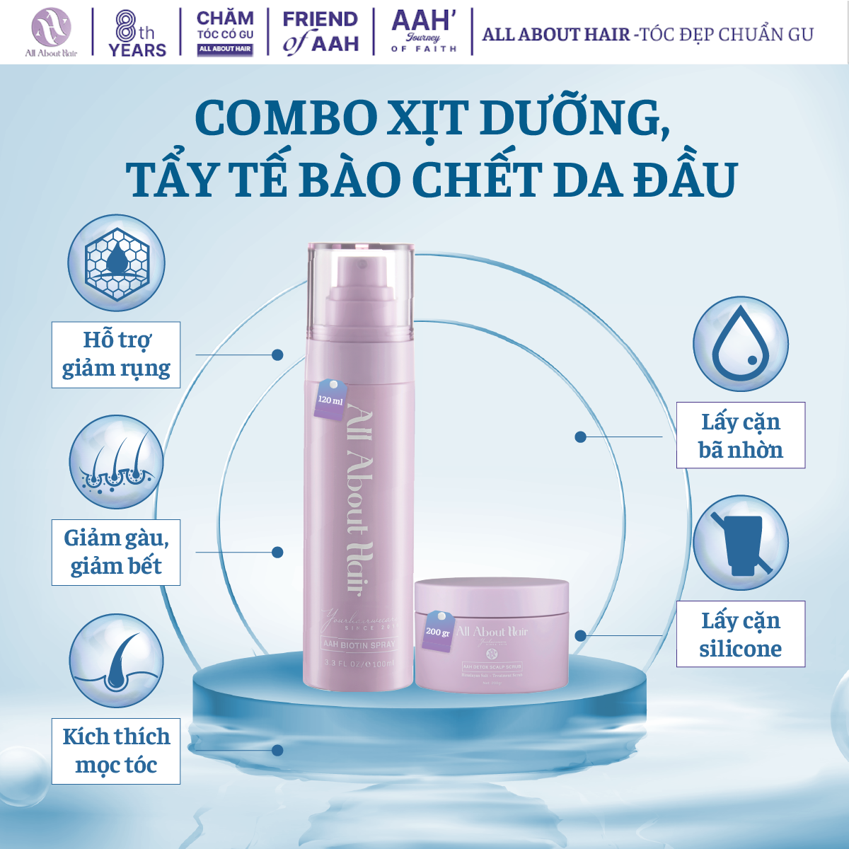 Combo 2sp xịt dưỡng & tẩy tế bào chết da đầu aah all about hair - spray & scalp scrub