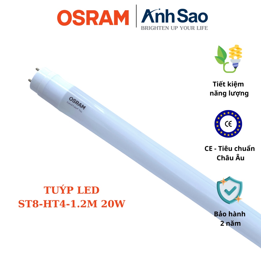 Bóng đèn Tuyp Led T8 1m2 20W OSRAM Ánh sáng vàng, Tuổi thọ 30.000h (đi dây 1 đầu)
