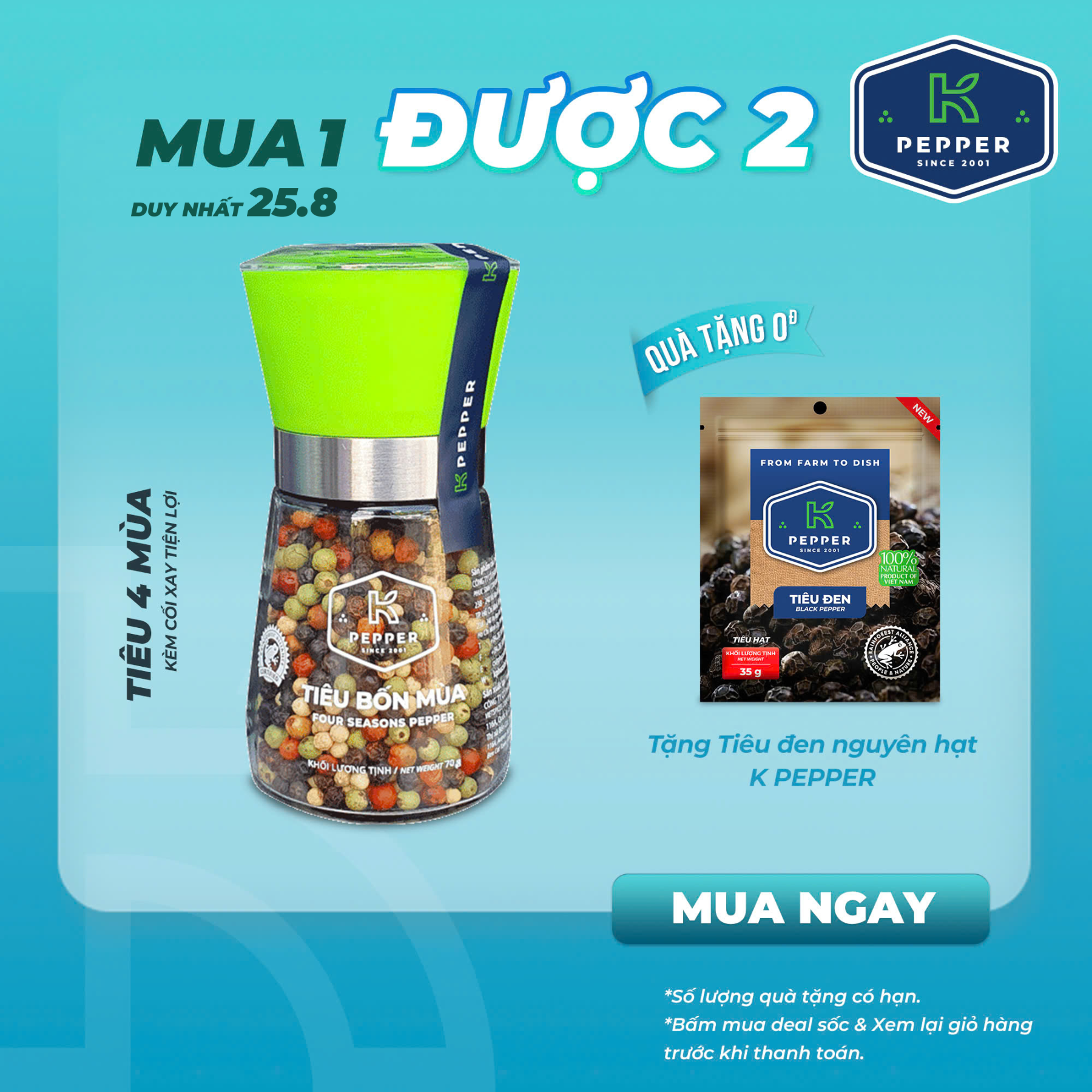 Tiêu bốn mùa k pepper 70g kèm cối xay tiêu