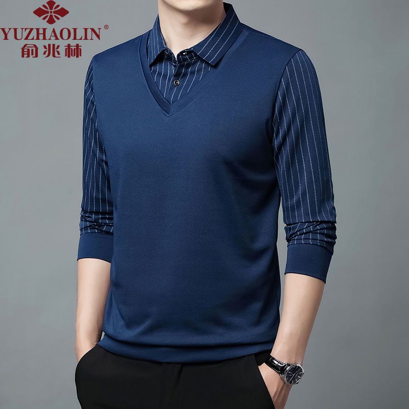 Yu zhaolin áo sơ mi giả hai mảnh mùa thu cho nam thanh niên dài tay t áo sơ mi áo len mỏng cổ bẻ nam cao cấp polo áo sơ mi