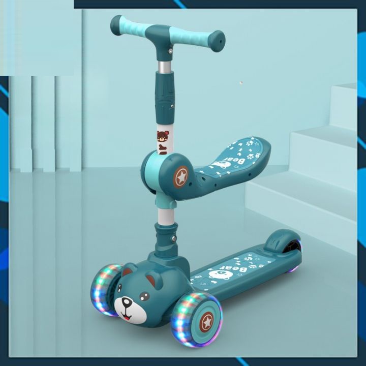 Mẫu hình con gấu xe trượt scooter kiêm xe chòi chân gấu cao cấp có nhạc, đèn khung siêu chắc chắn cho bé