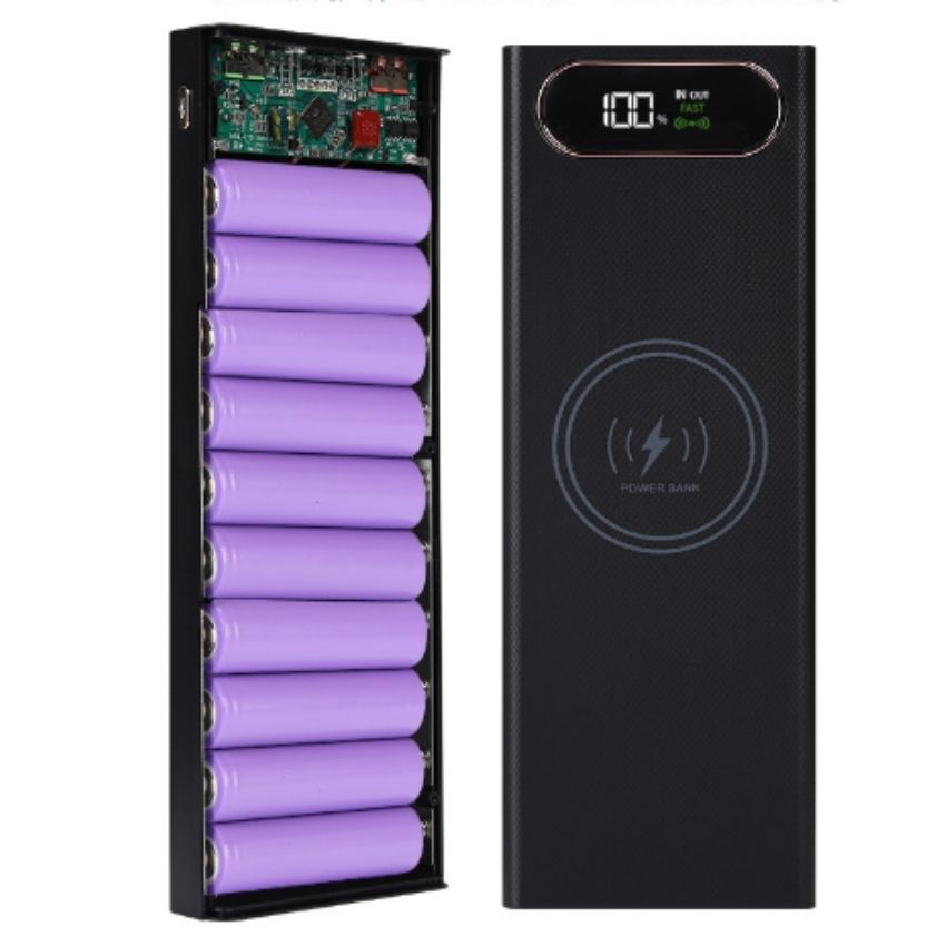 Box sạc dự phòng không dây 10cell dùng pin 18650 pin laptop cũ sạc 10W hàng uy tín chất lượng cao sạc không dây (Màu đen chưa pin)