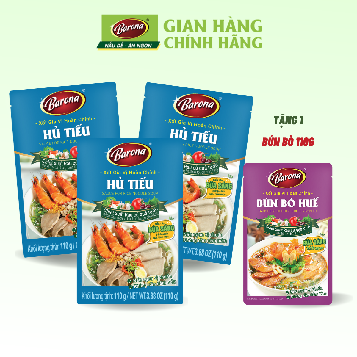 Combo 3 gói Gia Vị Hủ Tiếu Barona 110g [TẶNG  1 Gói Gia Vị Bún Bò Huế 110g]