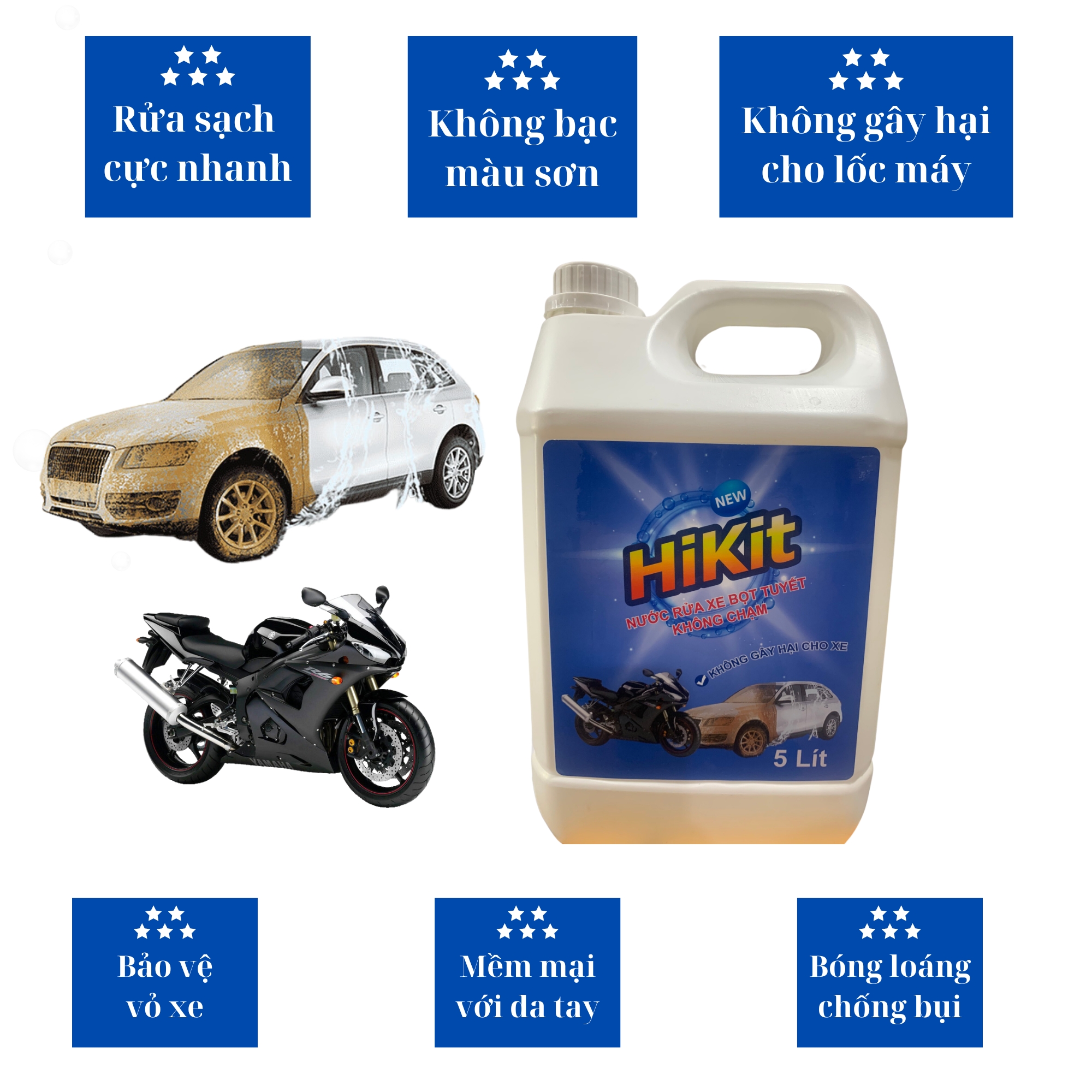 Nước rửa xe ô tô, xe máy bọt tuyết - không chạm HiKit - Can 5L