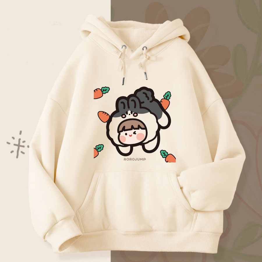 ● Áo Hoodies Unisex Form Rộng Nam Nữ Bo Dệt Tay Gấu Chất Nỉ Bông Cotton Dày Dặn In Hoạt Hình Bé Cà Rốt
