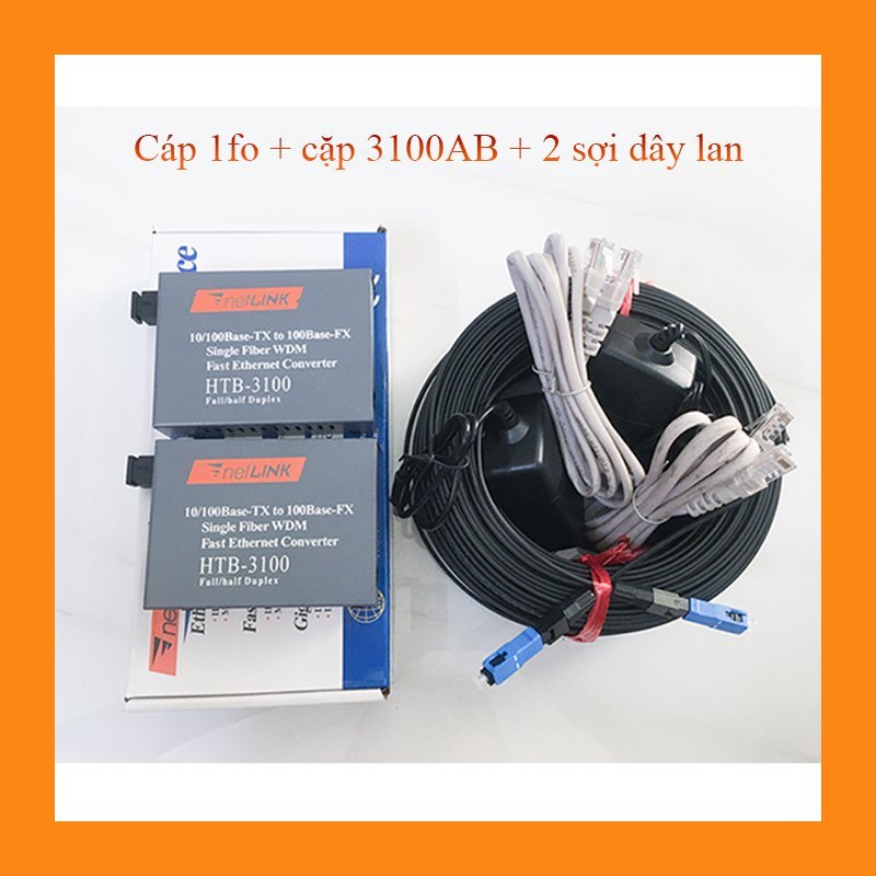 30m cáp quang 1fo gia cường bấm sẵn 2 đầu + cặp converter quang 3100ab 100m + 2 sợi dây lan