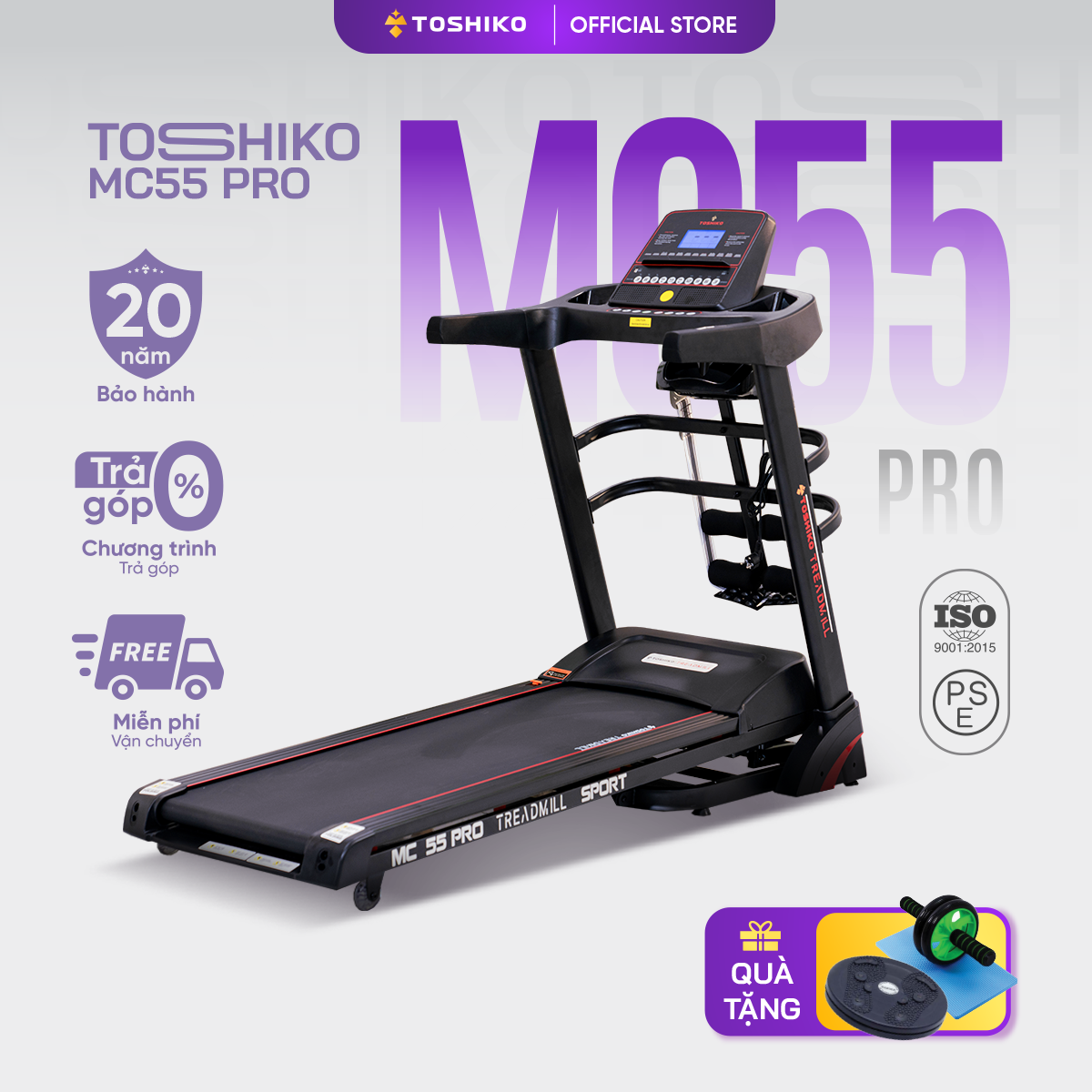 Máy chạy bộ đa năng tại nhà Toshiko MC55 Pro, chức năng nâng dốc tự động tới 26cm theo nhu cầu, kèm