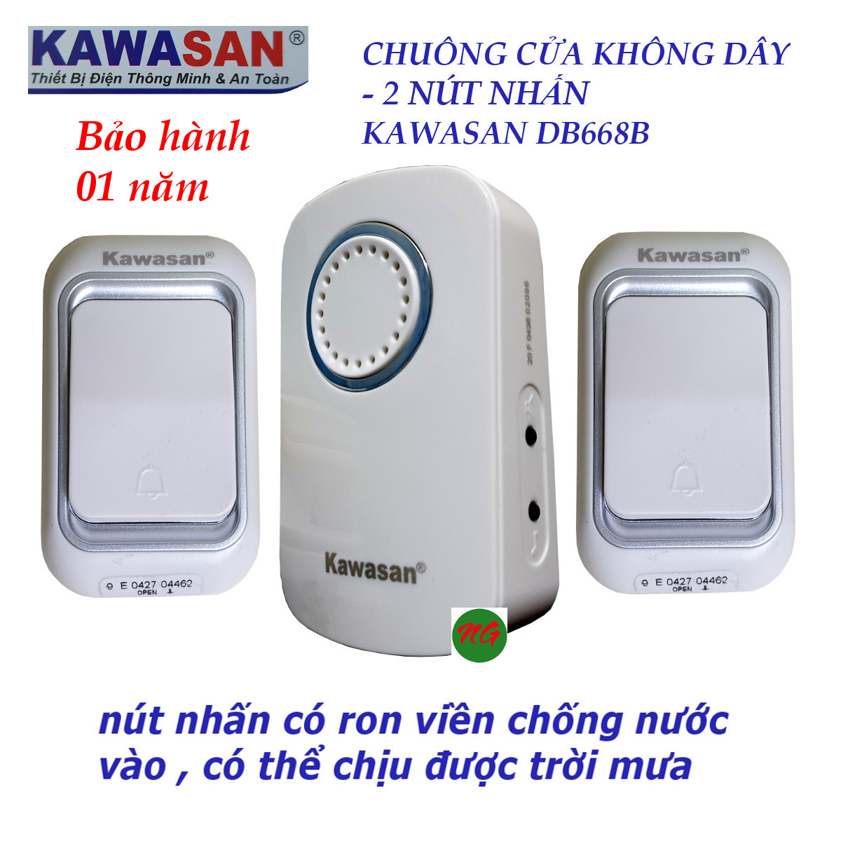 Bộ Chuông cửa không dây có 2 NÚT NHẤN Kawasan DB668B - nút nhấn có ron chống nước vào nên có thể để ngoài trời