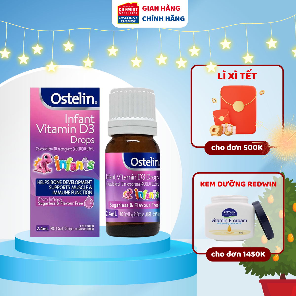 Siro bổ sung D3 dạng giọt Ostelin Vitamin D3 Drops 2,4ml giúp tăng hấp thu canxi vào xương cho trẻ của Úc