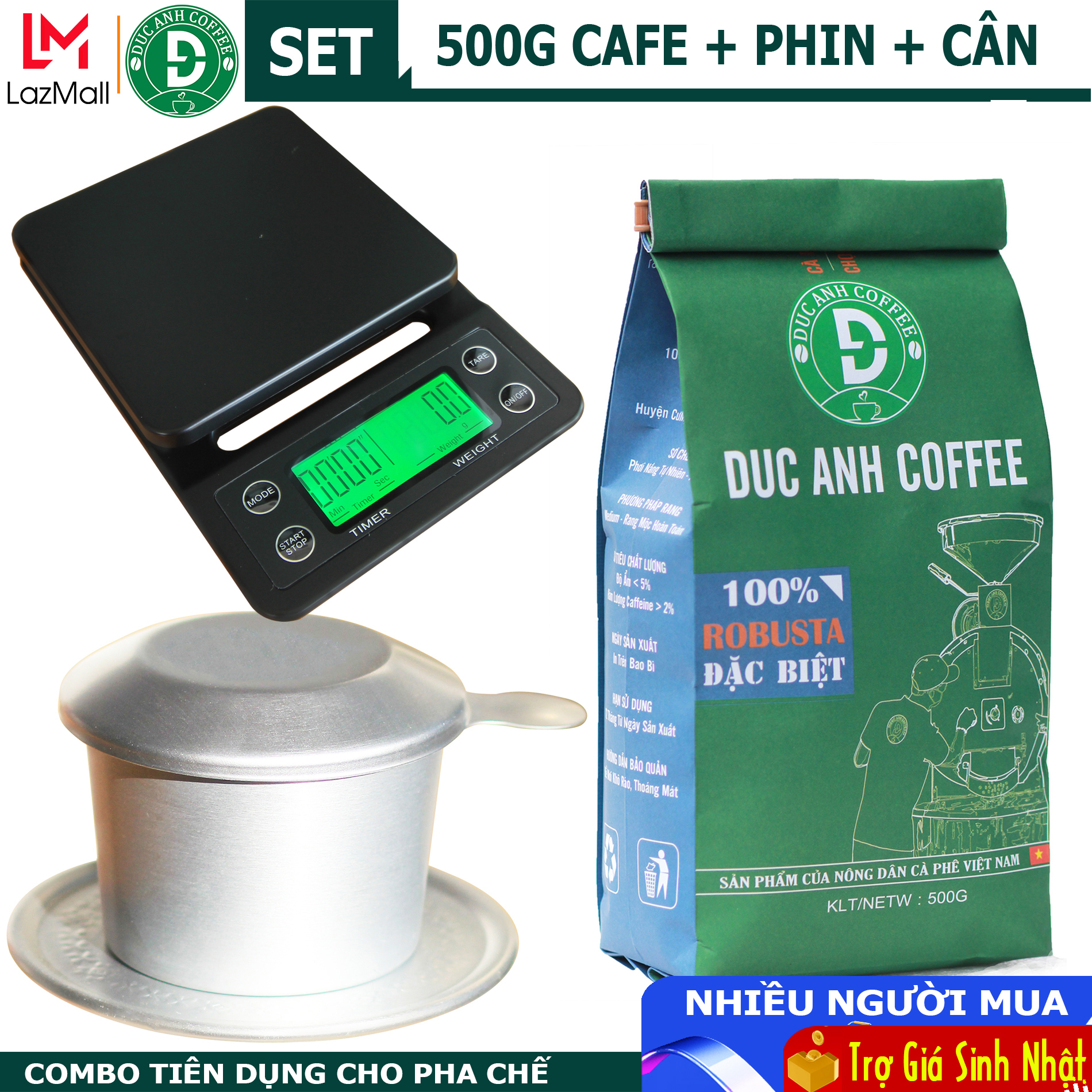 [combo] Cân Tiểu Ly chính xác + gói cà phê 500g + Phin nhôm cao cấp chuyên pha cà phê rang mộc nguyên chất - công nghệ xi Anodizing - DUC ANH COFFEE - phin cafe
