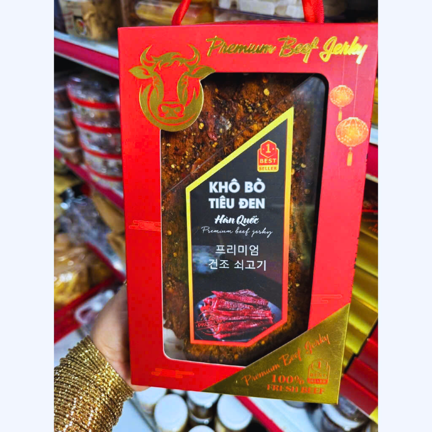 Hàng Loại 1 - Hộp Tết Biếu Tặng 500g Khô Bò Siêu Cay Vị Tiêu Đen Hàn Quốc, Sốt Tắc Chua Cay - Ăn Vặt BeeGin