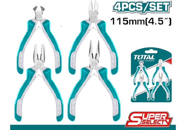 Bộ 4 kềm mini 4.5inch total tht1k0404 gồm kìm răng, kìm cắt, kìm cắt đứt, kìm mũi dài, tay cầm hai màu - chính hãng