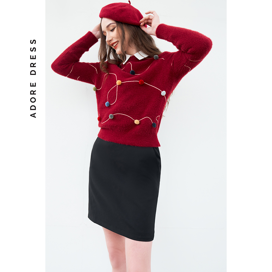 Áo len lông cáo thêu dây gắn pompom 2 màu 2st1016 adoredress