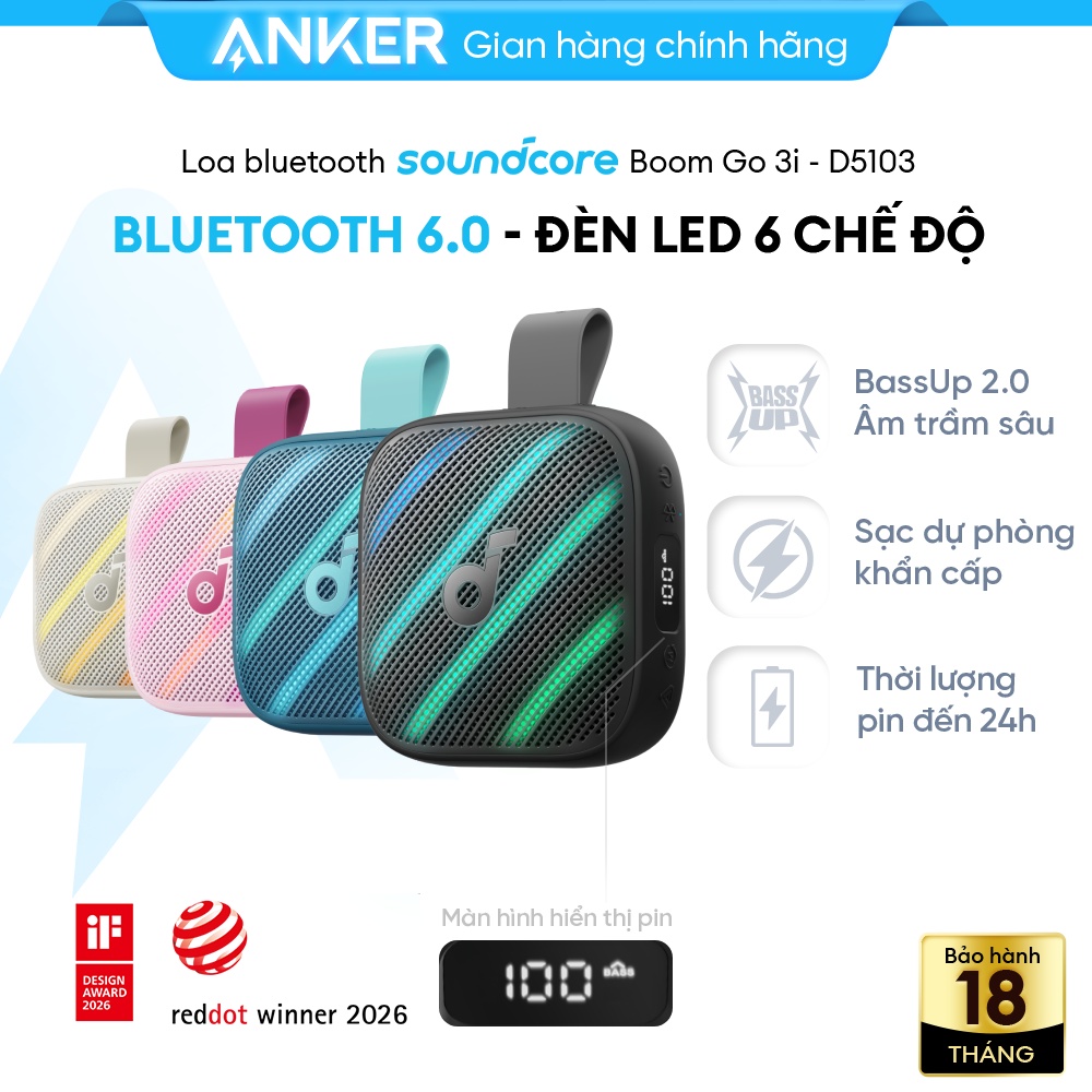 Loa bluetooth ANKER Soundcore Boom Go 3i chống nước IP68 | BassUp 2.0 công suất 15W | Bluetooth 6.0 pin 24H - D5103