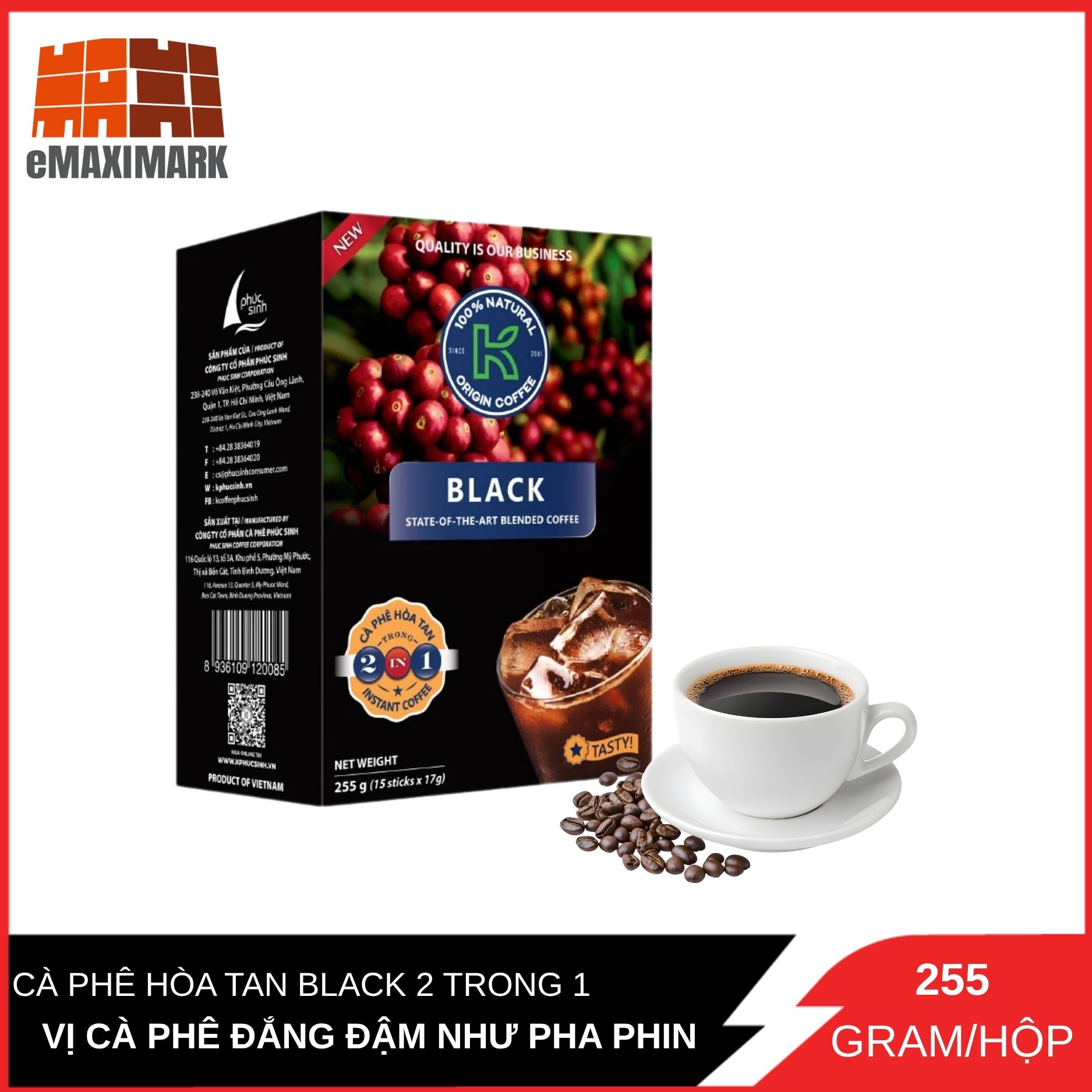 K COFFEE - CÀ PHÊ HÒA TAN BLACK 2 TRONG 1 - 255G/15 GÓI