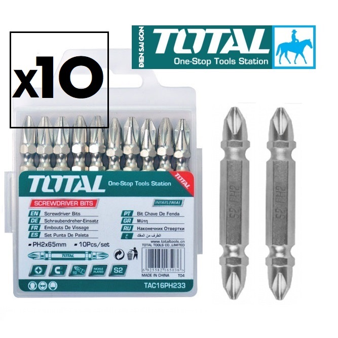 Bộ 10 mũi 2 đầu vít ph2+ph2 65mm total chính hãng tac16ph233