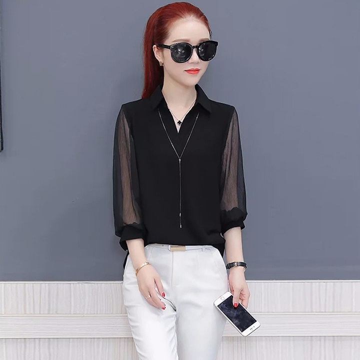 Áo Sơ Mi Nữ Kiểu Công Sở Tay Lỡ Phối Voan Lưới Siêu Đẹp