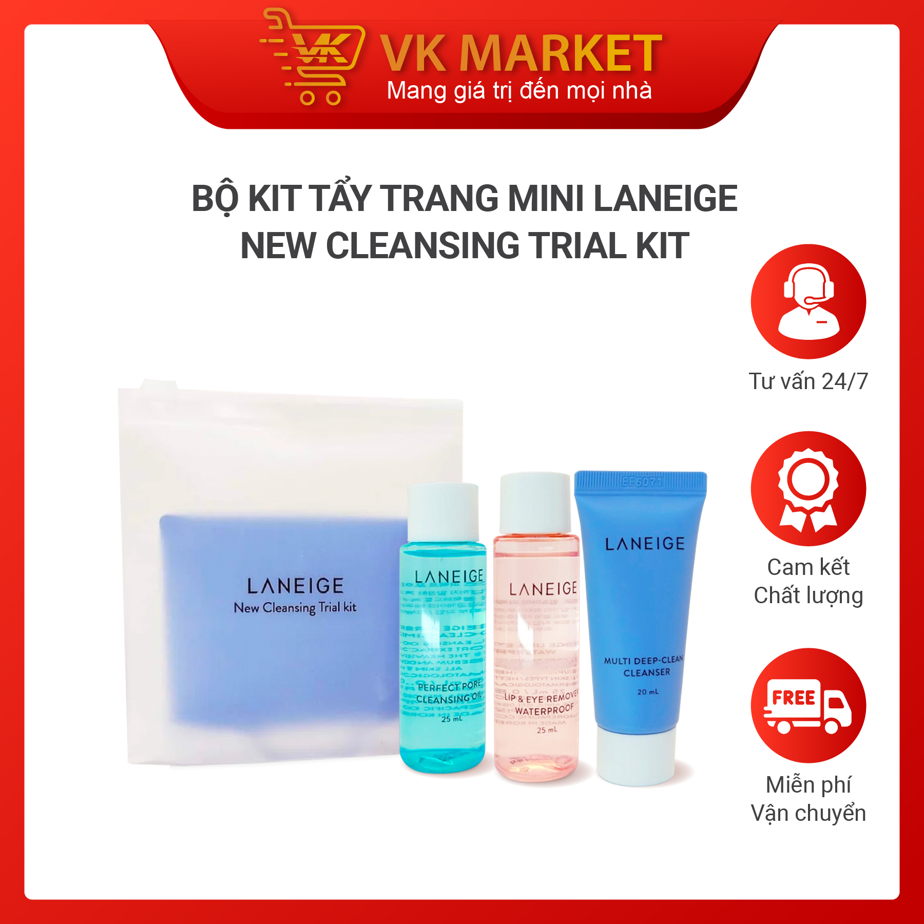 Set 3 món sữa rửa mặt, tẩy trang mắt môi và mặt laneige New cleansing trial kit - VK Market