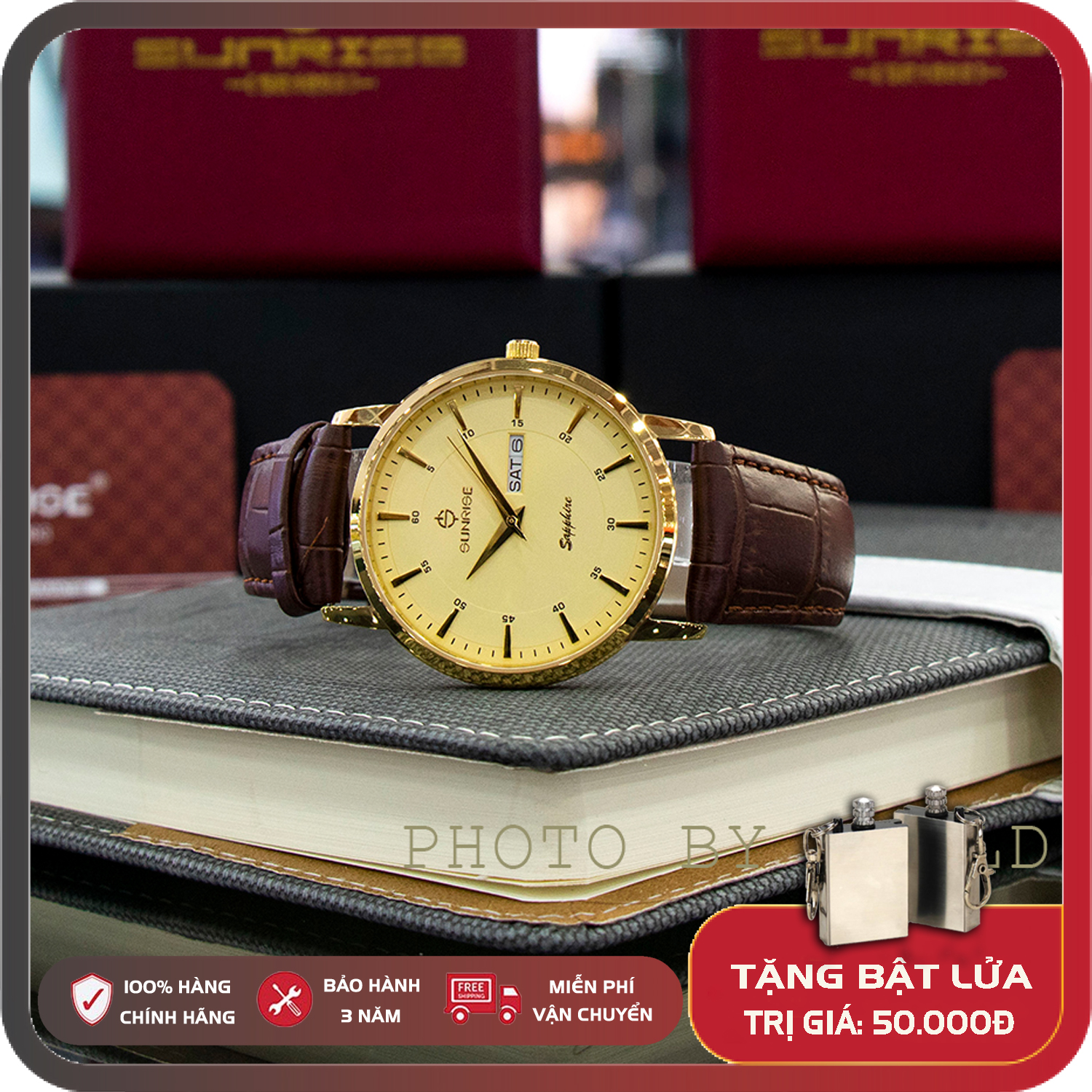 Đồng hồ Nam Chính Hãng Sunrise DM1216SWA G Full Box, Thẻ BH 3 Năm, Kính Sapphire Chống Nước, Chống Xước, Dây Da Cao Cấp