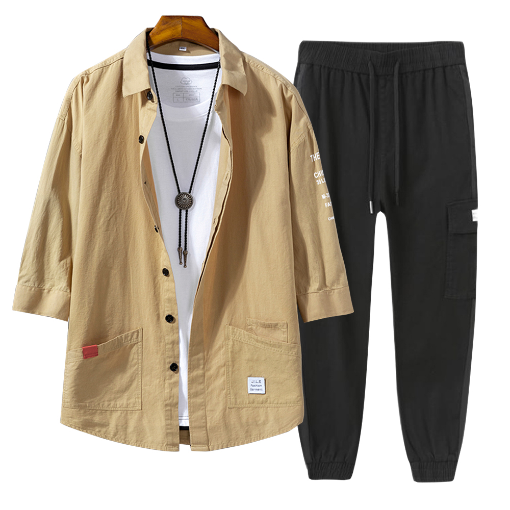 Set Bộ Quần Áo Nam Áo Sơ Mi Cổ Đức Túi Hai Bên Cá Tính Kết Hợp Với Quần Jogger Túi Hộp Bo Ống Năng Động Phù Hợp Với Mùa Hè Thời Trang 4MENHN SET NAM 90000120C
