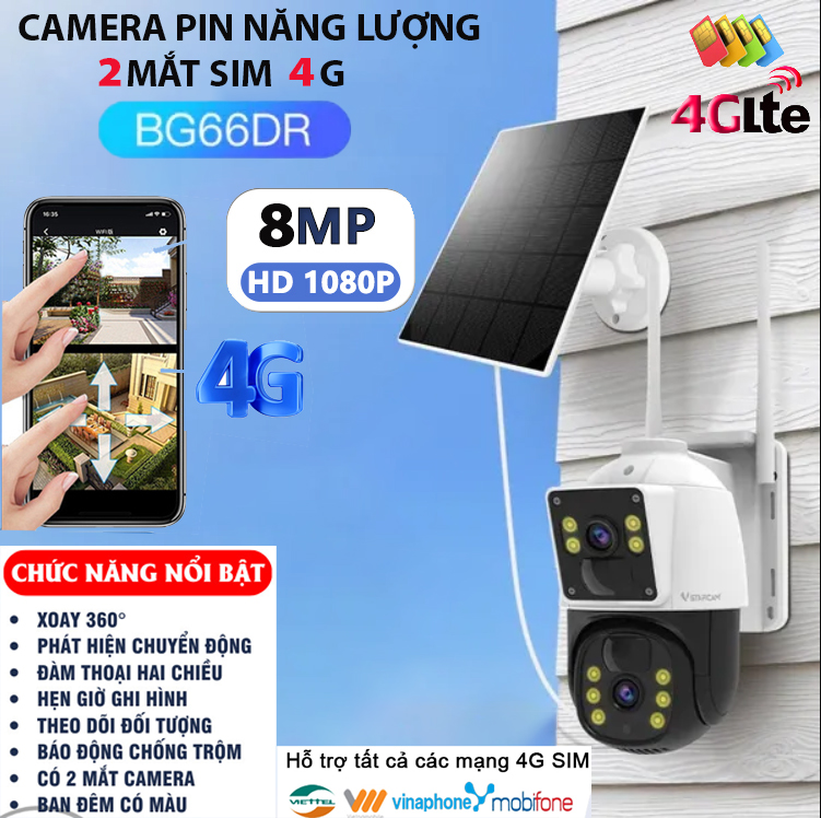 ( MẪU MỚI CHÍNH HÃNG ) Camera 2 Mắt VStarcam BG66DR Năng Lượng Mặt Trời Sim 4G, Xem 2 Màn Hình 8.0MPX 4K FHD 1080 - Xoay 360 Camera Siêu Nét ,Đàm Thoại 2 Chiều , Ban Đêm Có Màu ,  Giám Sát Ngoài Trời, Chống Nước