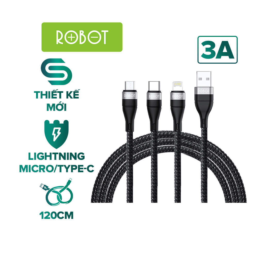 Cáp sạc Robot RYT120 đa năng 3 đầu sạc tất cả thiết bị Lightning Micro USB Type-C 3 in 1 hỗ trợ sạc nhanh chất liệu dây dù chống gập gãy cho iphone samsung oppo l hàng chính hãng