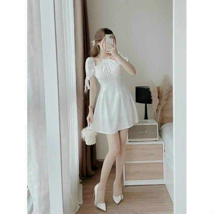 Đầm xòe cổ yếm tay cột nơ tiểu thư xinh xắn