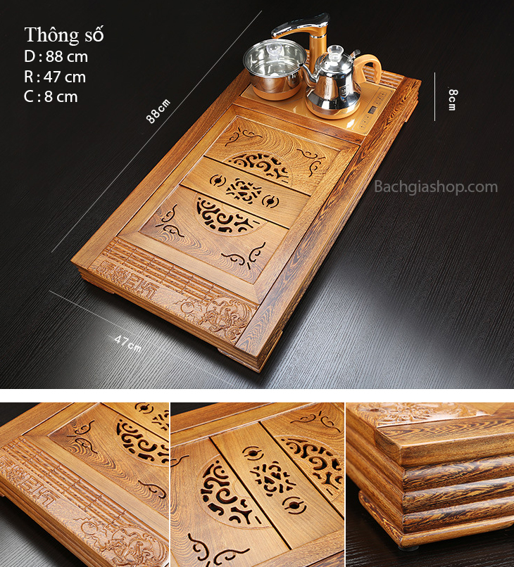 🔥 SIÊU SALE 🔥Bộ Bàn Trà Gỗ Mun Đuôi Công - Kèm Bếp Thủy Tinh Chịu Nhiệt Hoặc Inox Chống Gỉ - 88*47*8cm