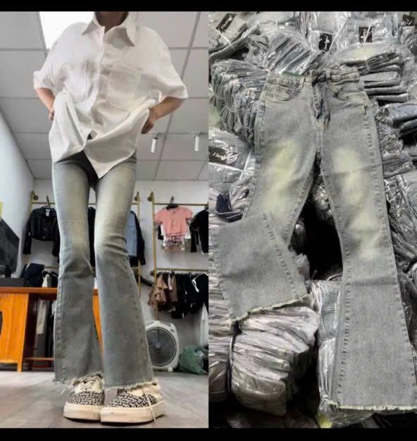 quần bò co giãn ống loe tua gấu phủ bạc quần jeans tua gấu hàng QC