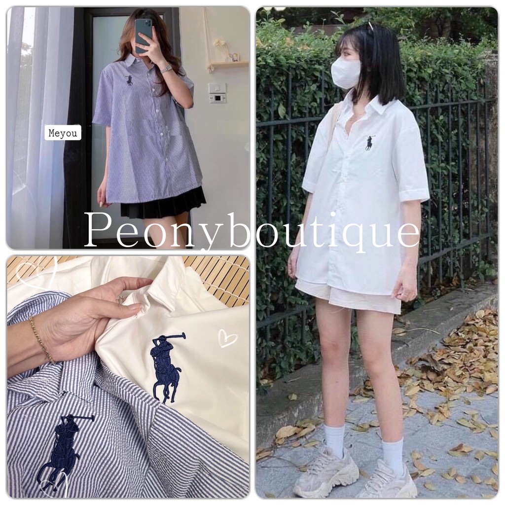 Áo Sơ Mi Kẻ Golf Tay Lỡ PEONYB Nữ [FREESHIP] 🌸 Thun polo form rộng thêu hình sọc màu XANH   TRẮNG cá tính Ulzzang 🌸