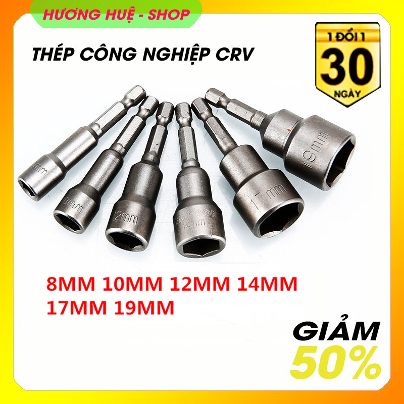 Bộ 6 đầu vặn ốc hệ mét dài 6,5cm - Tặng tay cầm  có nam châm hút gồm 8-19 mm  thép CRV bền đẹp.