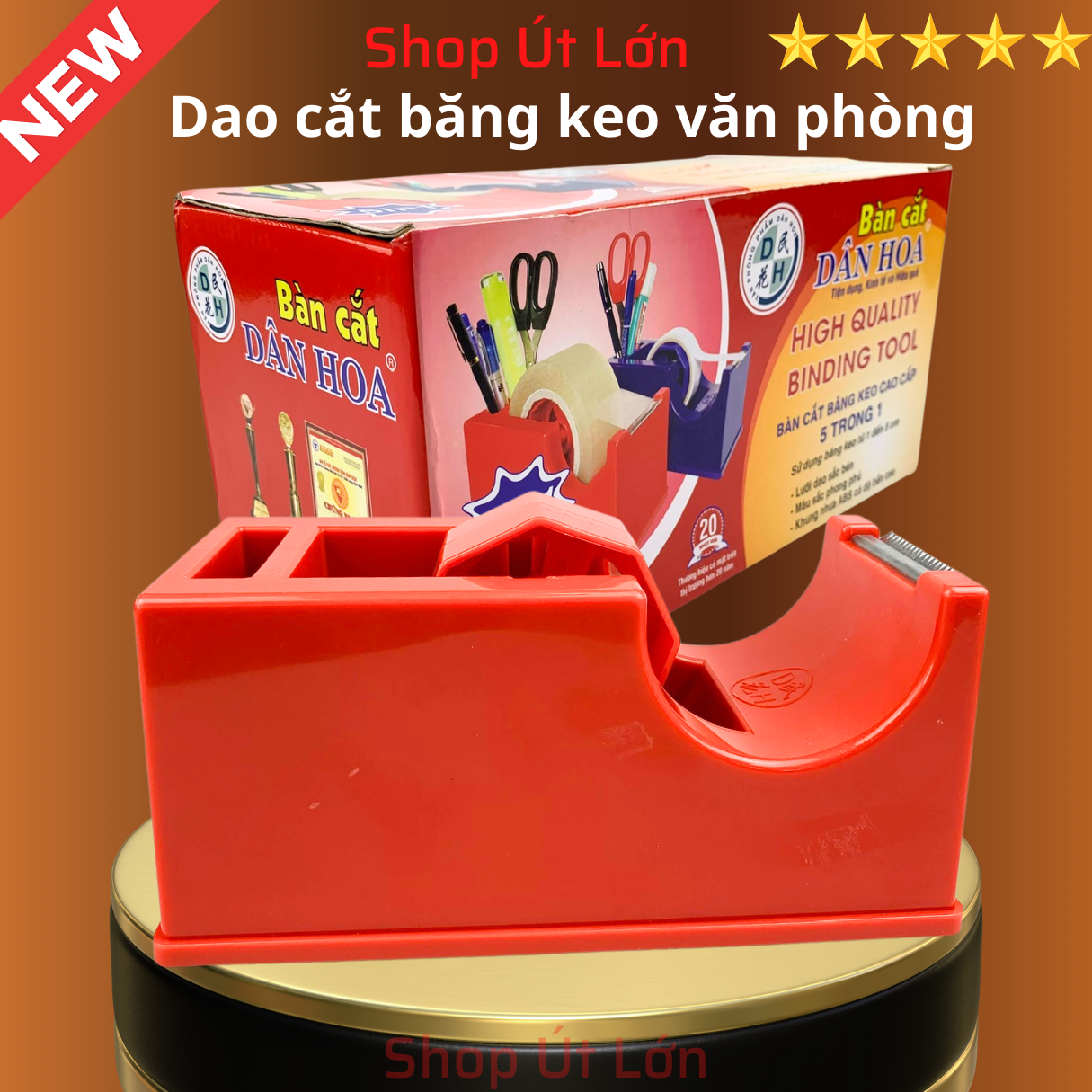 Dao Cắt băng keo văn phòng lớn DÂN HOA, loại để bàn lớn 5 trong 1, sử dụng băng keo từ 1cm đến 5cm