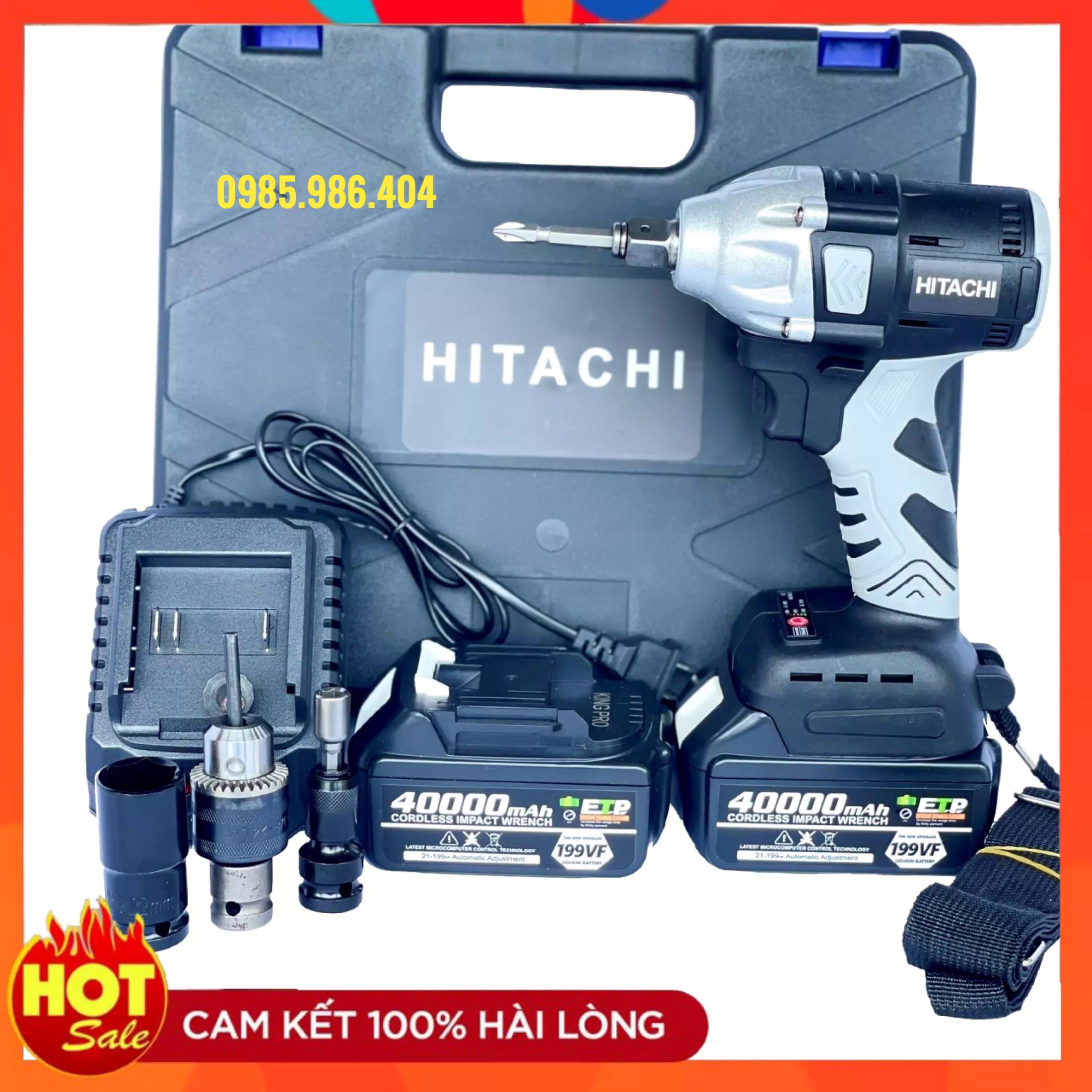 Máy siết bulong Hitachi 199V động cơ không chổi than 3 chức năng khoan,bắn vít,siết ốc + Tặng kèm đầu chuyển vít, chuyển khoan, bắn tôn