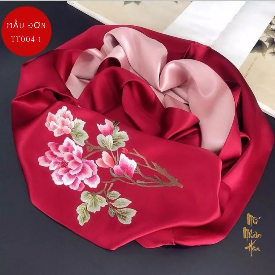 Tt004 khăn lụa thêu tay cao cấp hoạ tiết hoa mẫu đơn