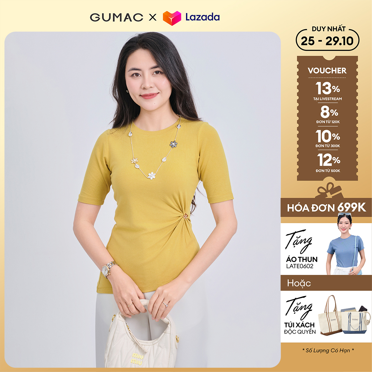Áo thun nữ đính phụ kiện thời trang GUMAC ATE11051