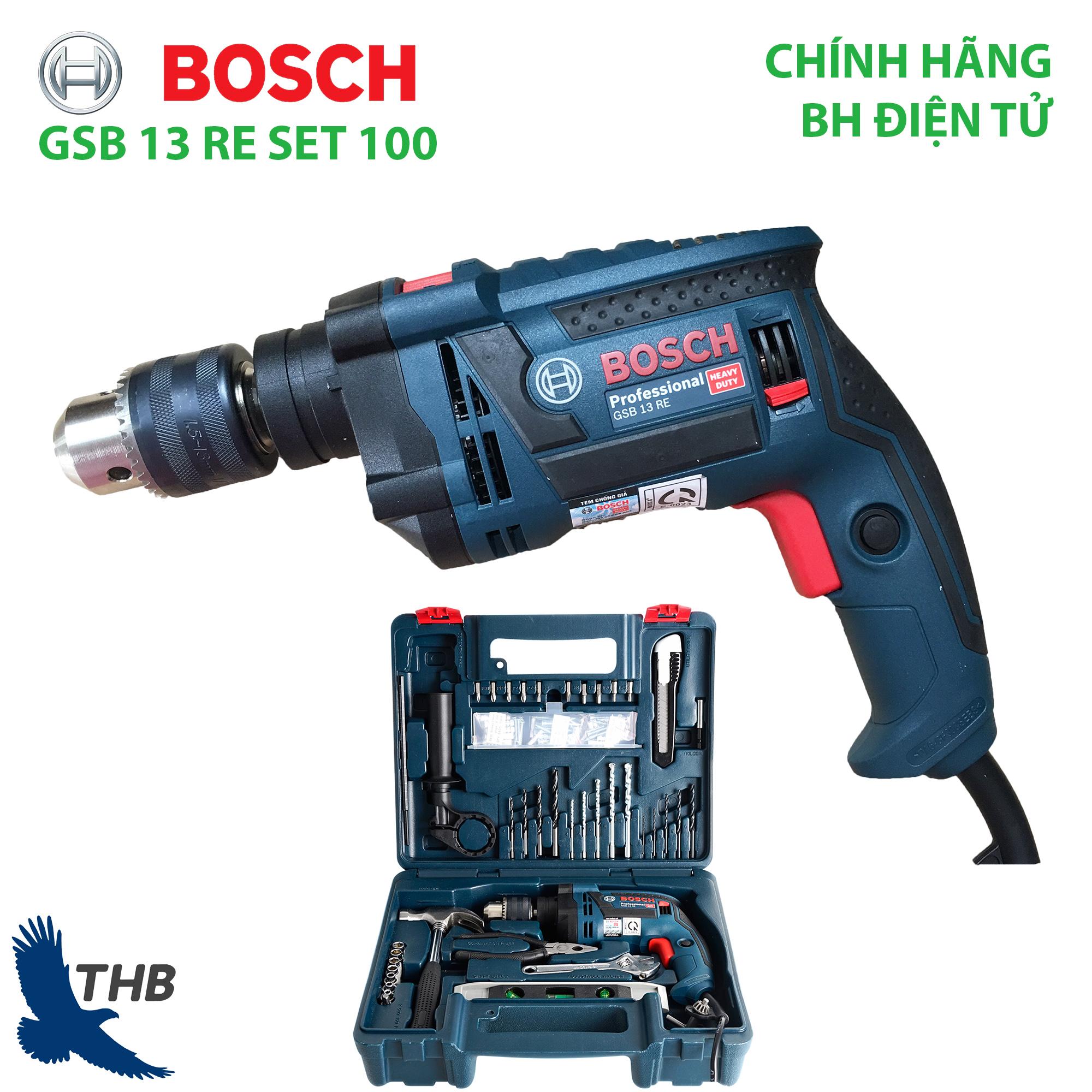 Bộ máy khoan gia đình Khoan động lực Bosch GSB 13 RE SET Xuất xứ Malaysia Hộp nhựa phụ kiện 100 món