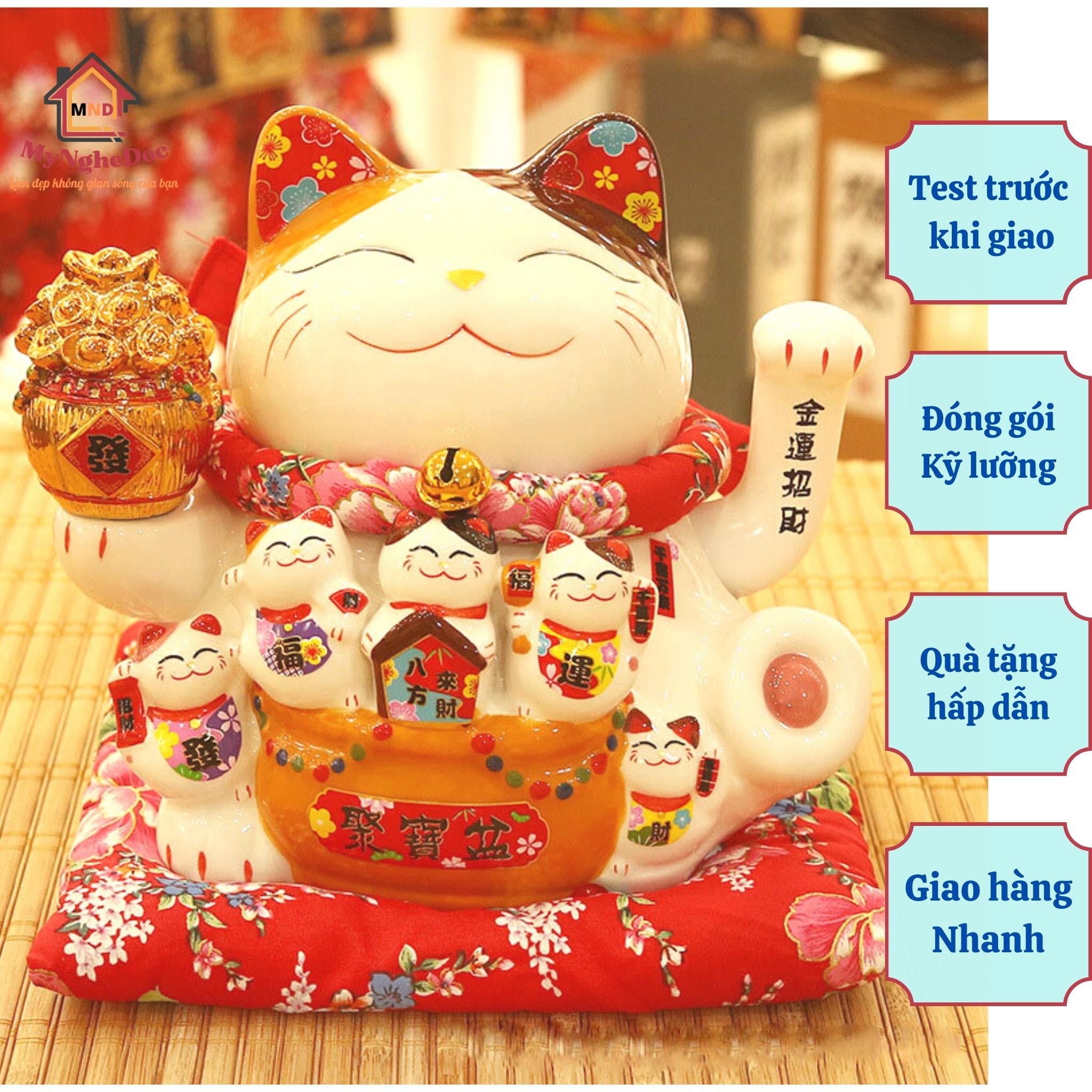 Mèo thần tài vẫy tay thiên kim vạn lượng 8 inch cao 22 cm phù hợp cho shop kinh doanh, cửa hàng, đặt tại quầy thu ngân, lễ tân