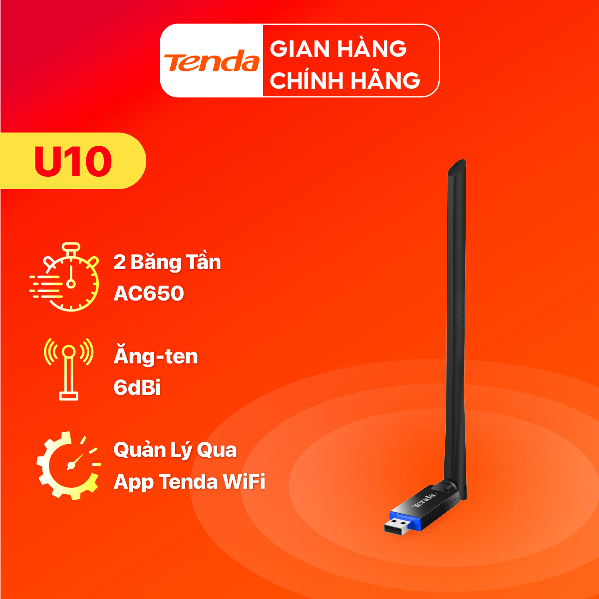Bộ Chuyển Đổi USB WiFi Tenda U10 chuẩn AC tốc độ 650Mbps - Hàng Chính Hãng