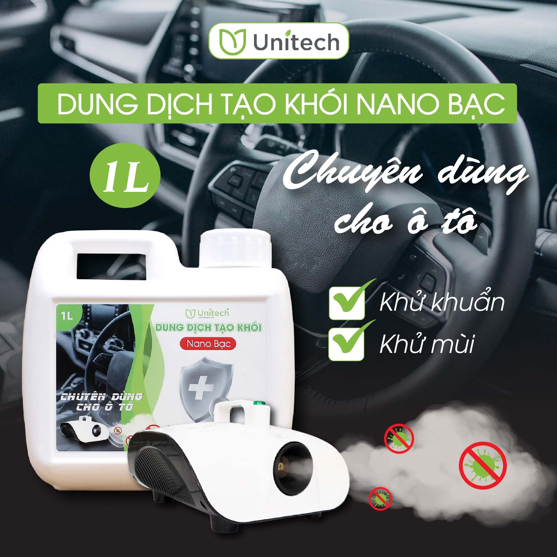 Nano bạc phun khói khử khuẩn Unitech 1 lít - Tinh dầu xông Chuyên dùng khử mùi máy lạnh ô tô, khử mùi karaok, nhà cửa, khử nấm mốc hiệu quả