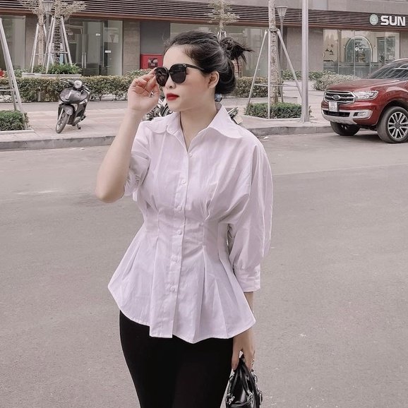 Áo sơ mi nữ trắng công sở nhúm eo dáng xòe cá tính