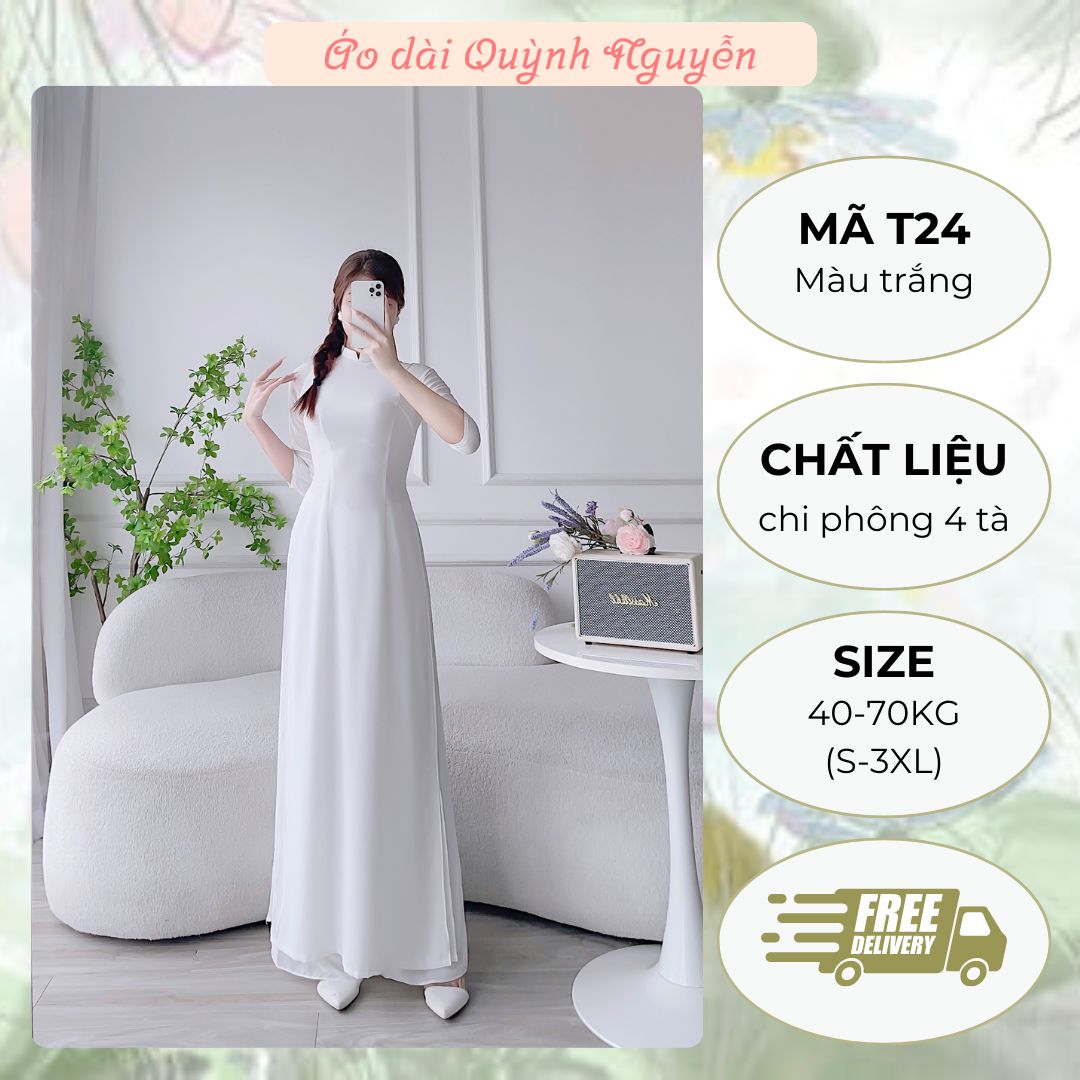 Áo dài trắng, áo dài trắng trơn lụa chi phông 4 tà áo dài học sinh MÃ T24