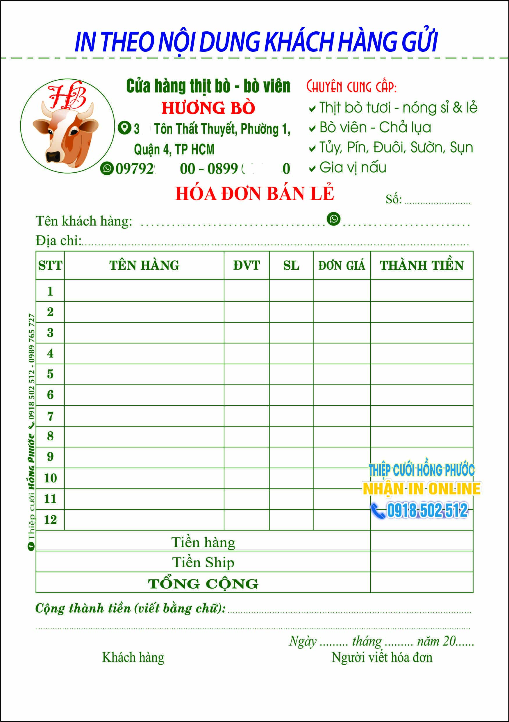 Hóa đơn bán lẻ, in biểu mẫu nhiều màu theo thông tin của khách cung cấp, loại 2 liên, giấy đẹp, nhiều kích thước cho khách chọn