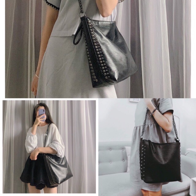 Túi to, Túi tote da viền đinh vừa sách vở đeo chéo đi học, đi làm (video + hình thật ở cuối)