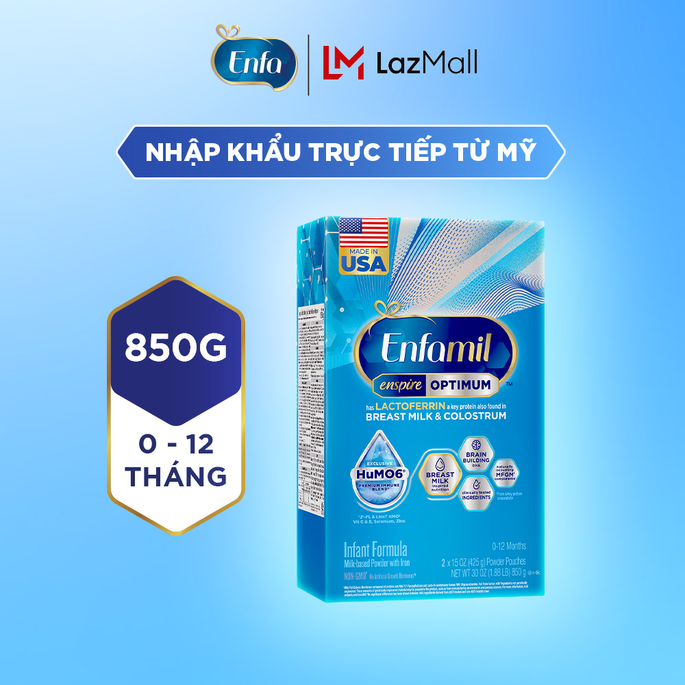 [Nhập khẩu chính ngạch từ Mỹ] Sữa bột Enfamil Enspire Infant 850g dành cho trẻ 0-12 tháng tuổi (hộp 2 túi thiếc 425g). Có chứa MFGM và Lactoferrin