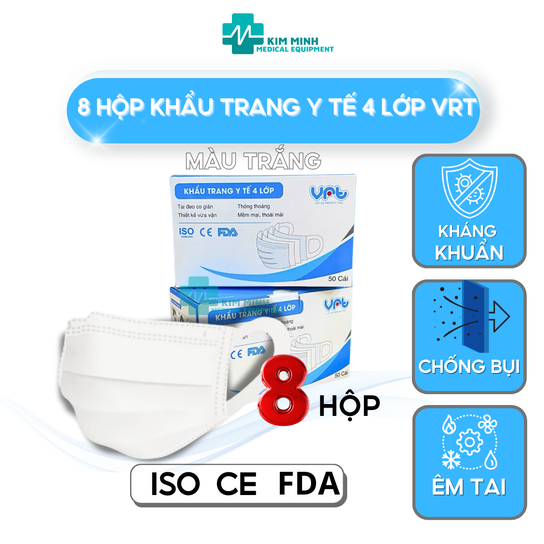 Combo 8 hộp khẩu Trang Quai mềm VRT 4 lớp MÀU TRẮNG