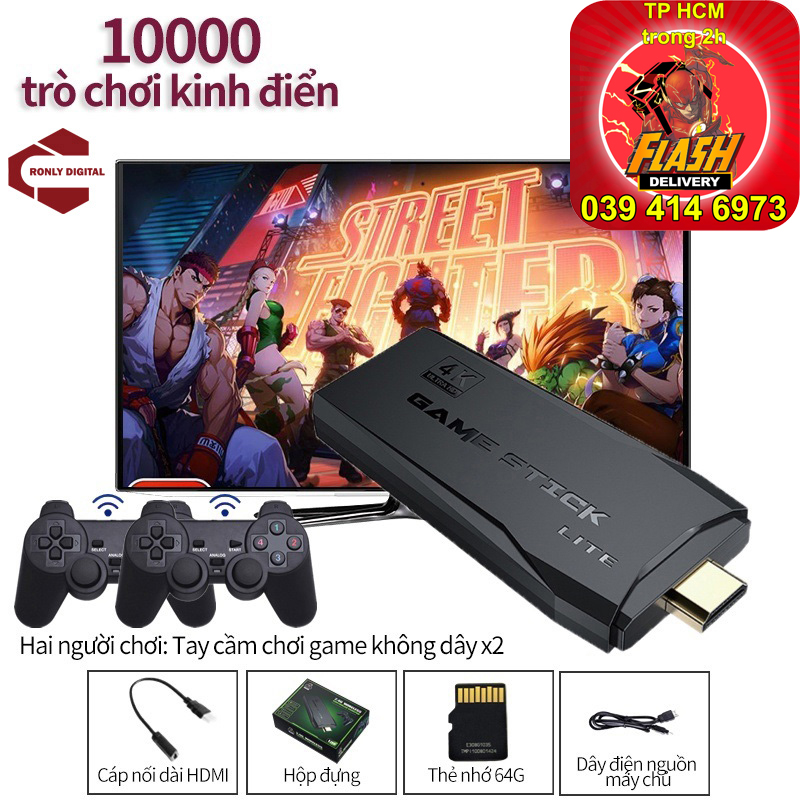 Bộ máy chơi game cầm tay game stick 4k, với 2 tay cầm không dây 4k 10000 trò chơi 64gb retro có thể chơi game ps1 / atari / mame / sfc / fc / gba / gb / gbc / md