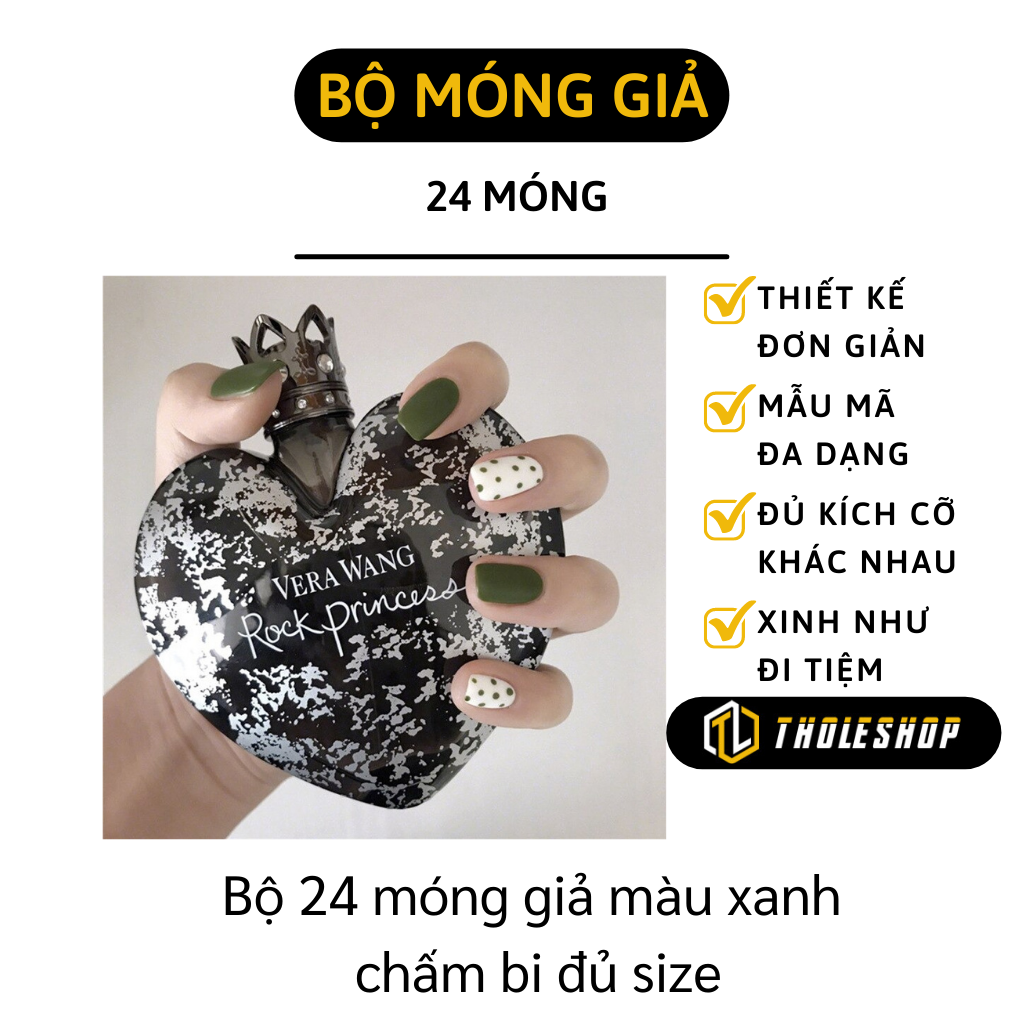 Móng tay giả tặng kèm keo - Bộ 24 móng giả màu xanh chấm bi thiết kế đơn giản mẫu mã đa dạng trẻ trung