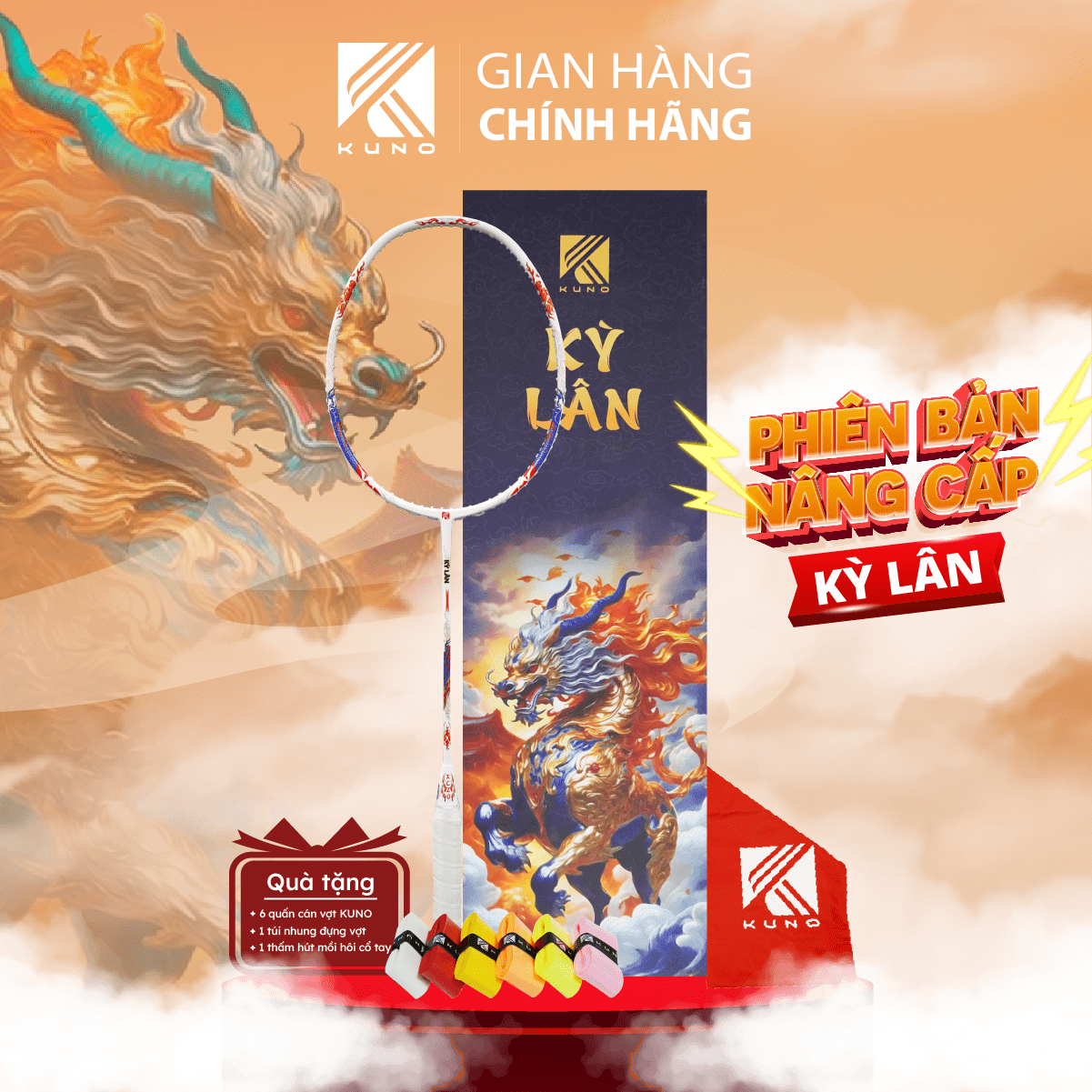 Vợt Cầu Lông KUNO Kỳ Lân Bản Mới, Trọng Lượng 4U, Thiên Công, Tặng Kèm 6 Quấn Cán, 1 Túi Nhung, Phiên Bản Giới Hạn