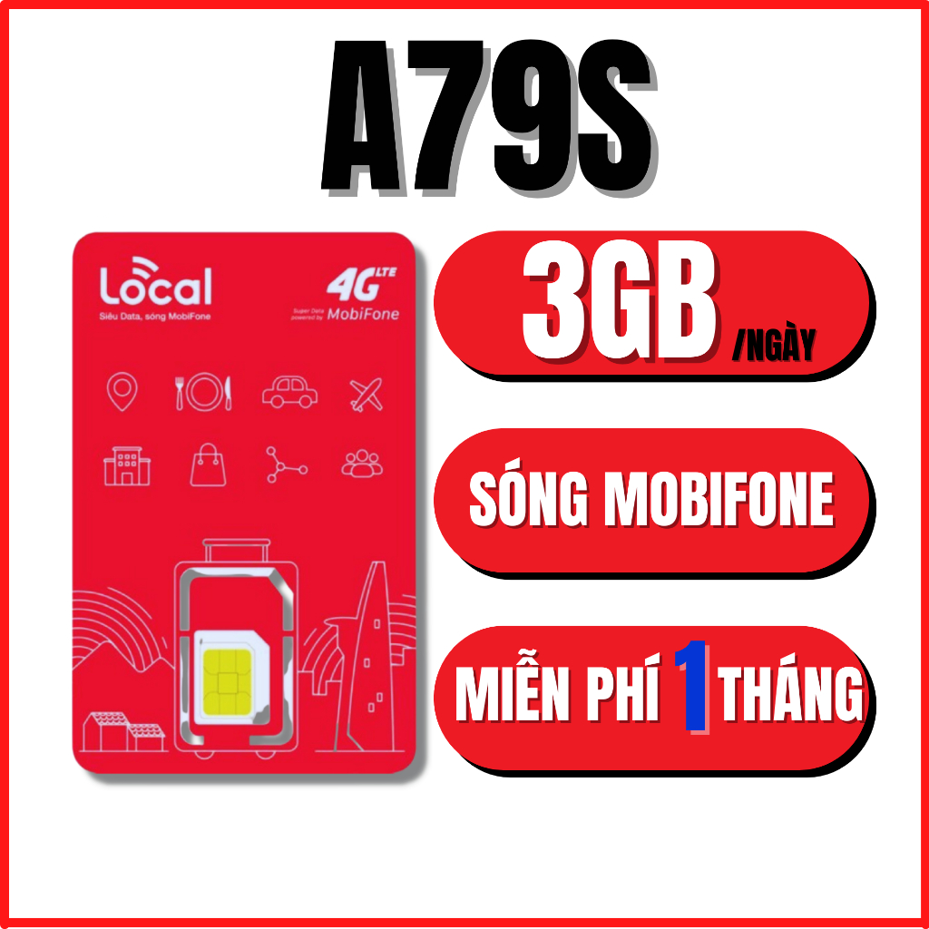 Sim Local Mobifone A79S 90GB/ tháng,. Miễn phí tháng đầu sử dụng, RẺ 1 TT, Sim chưa kích hoạt