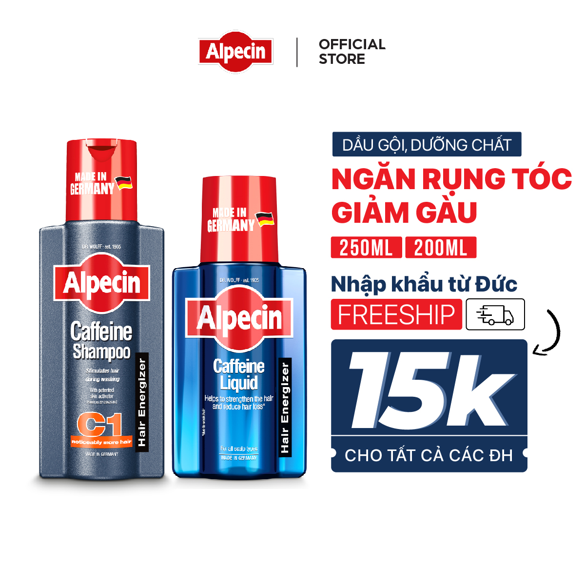 Dầu gội và tinh chất ngăn rụng tóc caffeine Alpecin C1 250ml, kích thích mọc tóc, giảm tình trạng rụng tóc